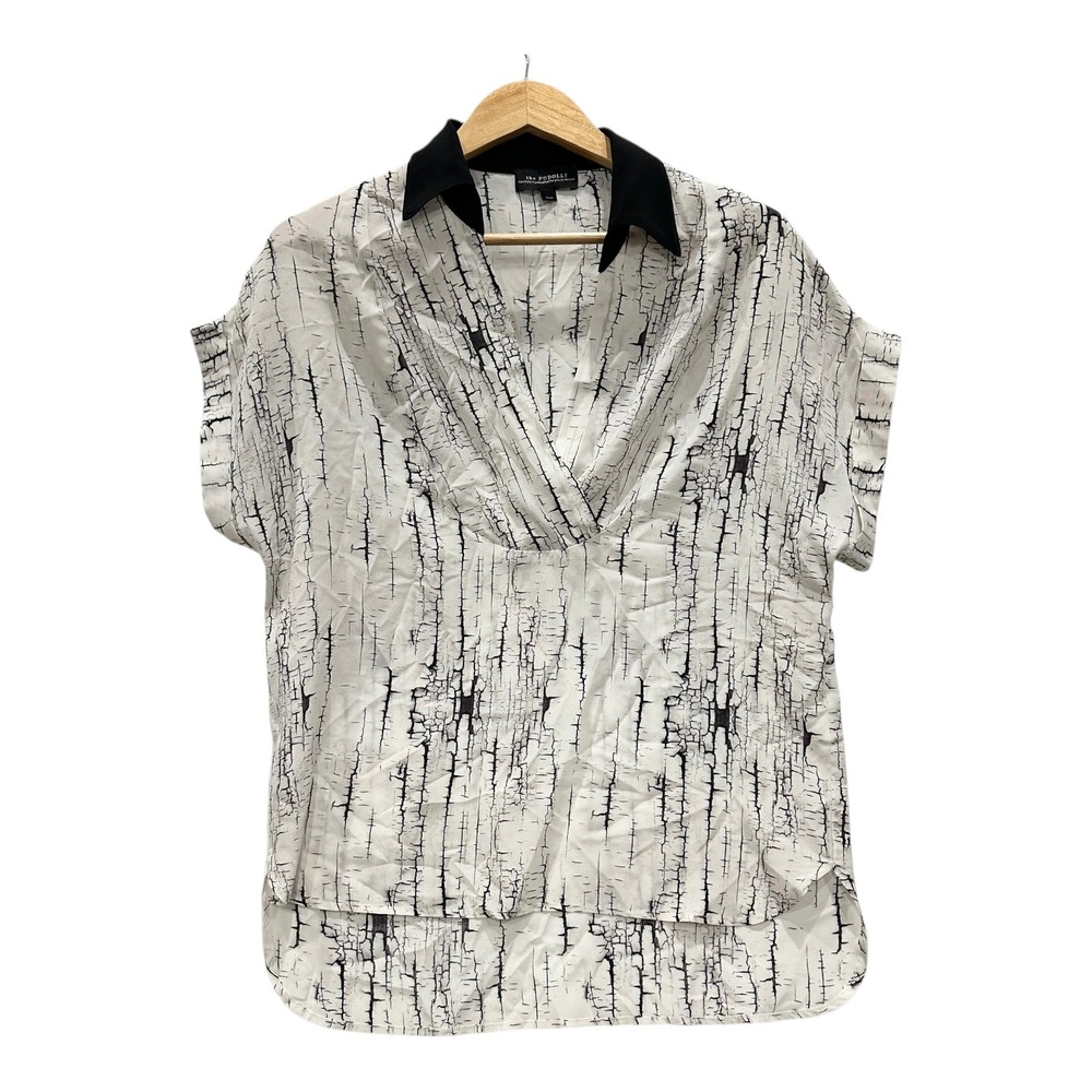 The Podolls Womens S Birch Print 100% Silk V-Neck Blouse Black White SS USA